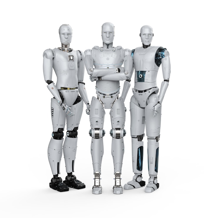 Foto grupo de representación 3d de robot de inteligencia artificial para el trabajo en equipo
