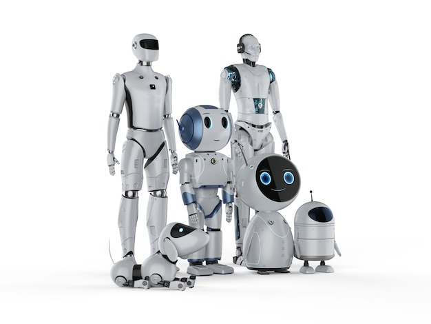 Grupo de representación 3D de robots de automatización o robots asistentes sobre fondo blanco.