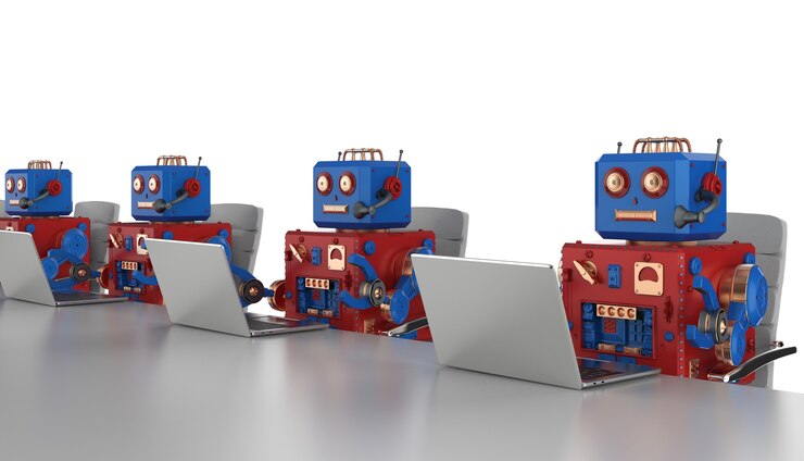 Foto grupo de representación 3d de robots están trabajando en una computadora portátil