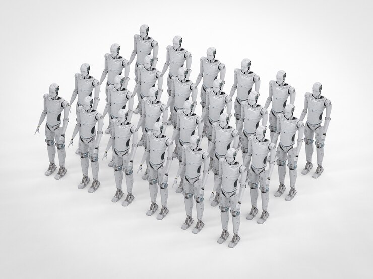 Foto grupo de representación 3d de robots humanoides en una fila