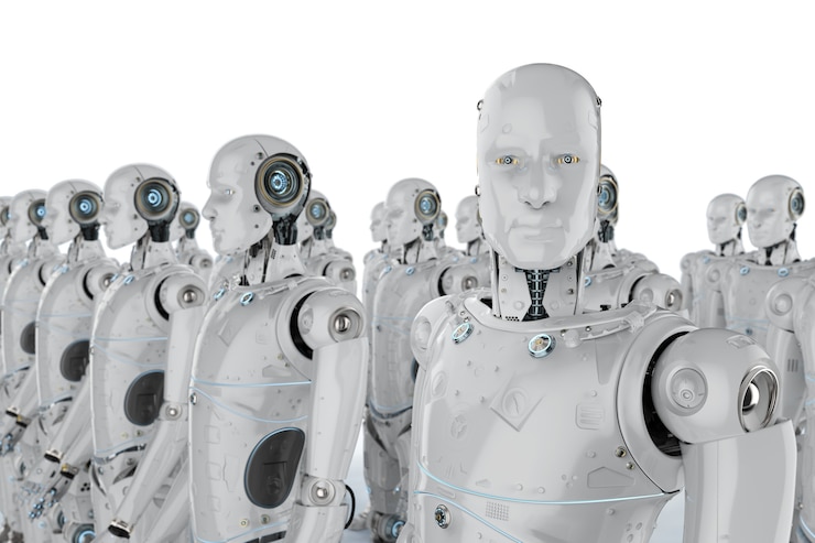 Foto grupo de representación 3d de robots humanoides en una fila