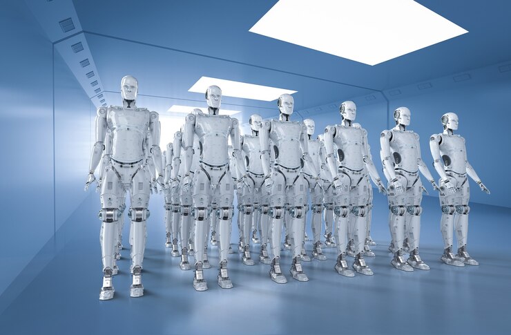 Foto grupo de representación 3d de robots humanoides en una fila