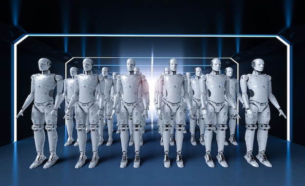 Grupo de representación 3D de robots humanoides en una fila