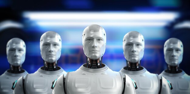 Grupo de representación 3d de robots de inteligencia artificial o cyborgs