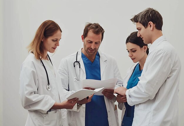 Grupo de retratos de jóvenes médicos con uniformes médicos en la oficina del hospital