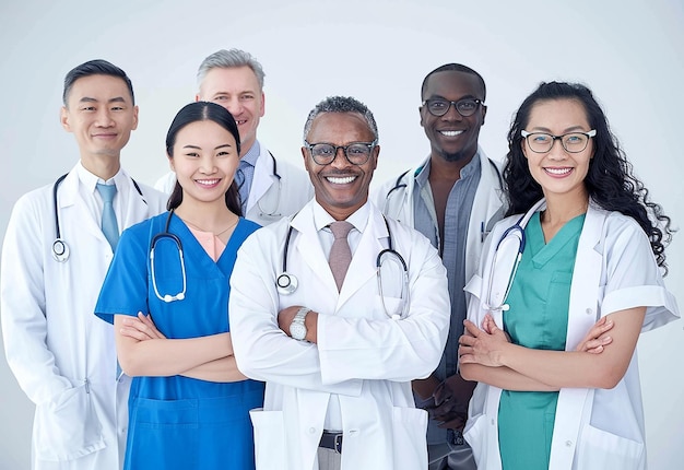 Grupo de retratos de jóvenes médicos con uniformes médicos en la oficina del hospital