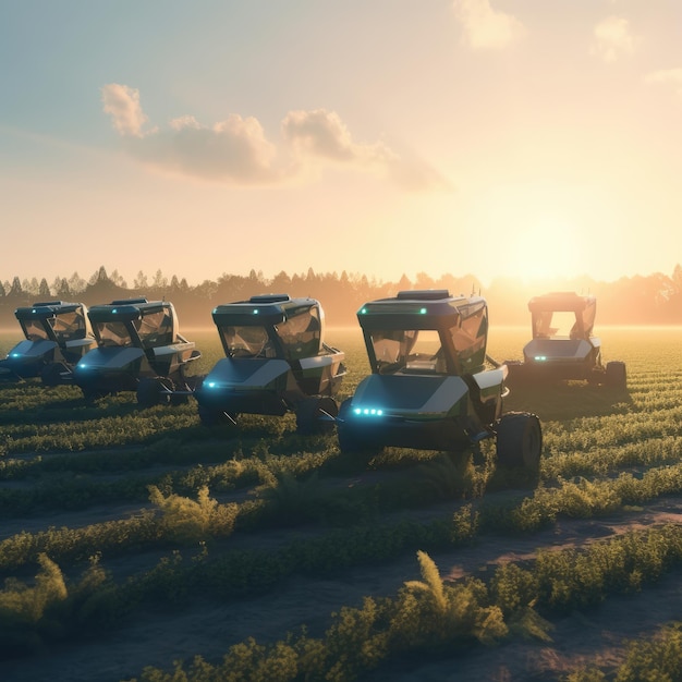 Grupo de robots agrícolas trabajando en un campo bañado por el sol IA generativa
