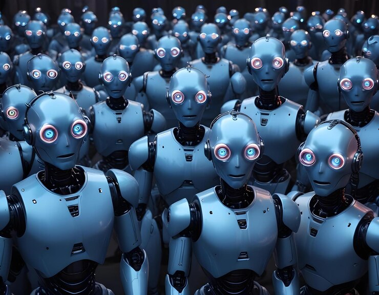 Foto un grupo de robots azules con uno con ojos rojos y el otro con los otros ojos azules