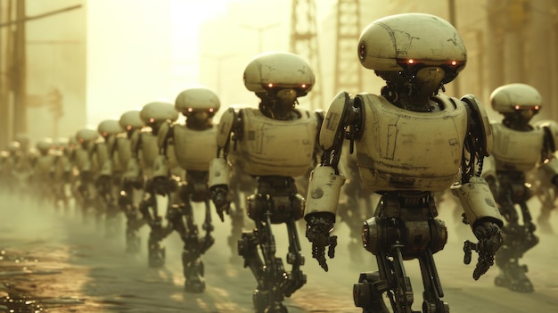 Un grupo de robots caminando por una calle con los ojos rojos ai