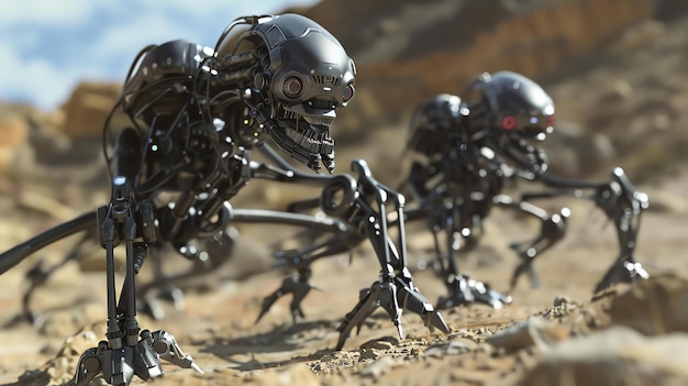 Un grupo de robots de cuatro patas con ojos rojos brillantes caminan por un paisaje rocoso del desierto
