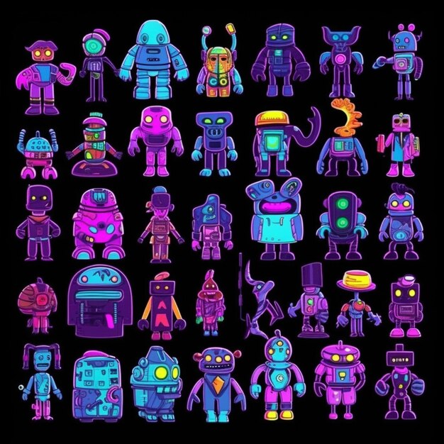 Un grupo de robots de dibujos animados con diferentes colores y tamaños generativos ai