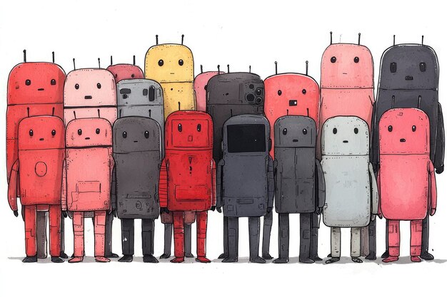 Un grupo de robots de dibujos animados de pie en una fila