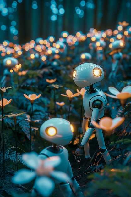 Un grupo de robots están caminando a través de un campo de flores