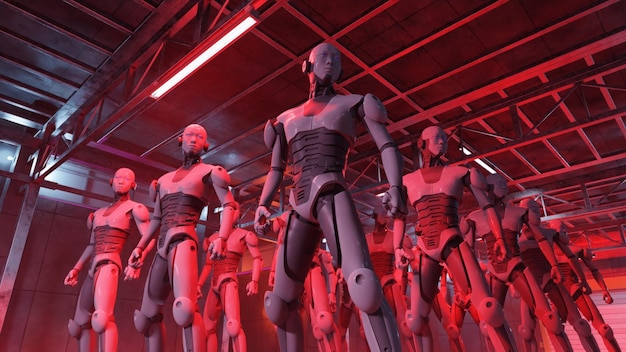 Grupo de robots humanoides con diseño futurista de pie en un entorno iluminado en rojo ilustración 3D