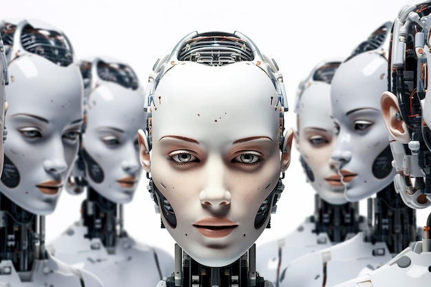 Grupo de robots de inteligencia artificial blancos brillantes
