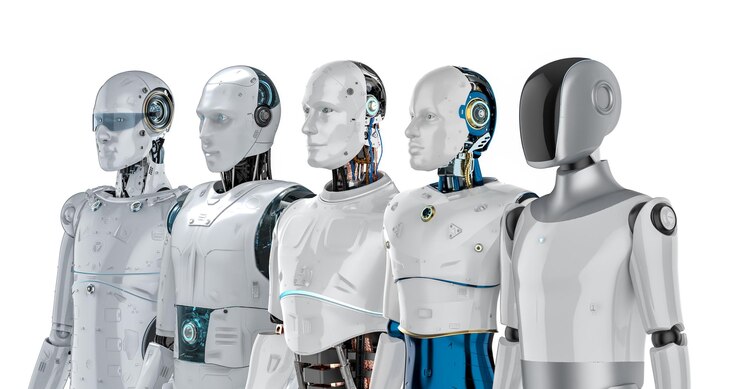 Foto grupo de robots o cyborgs de ia con varios diseños