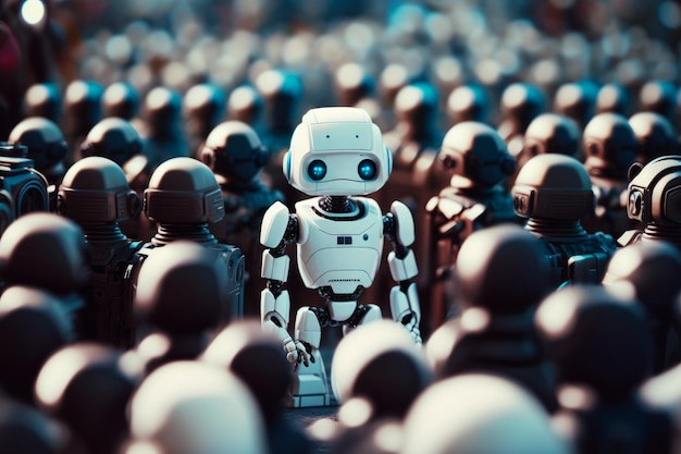 Grupo de robots parados uno al lado del otro frente a una multitud de personas IA generativa