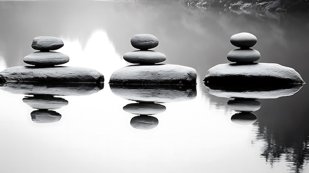 Foto un grupo de rocas se colocan sobre una superficie con el reflejo de un lago al fondo.