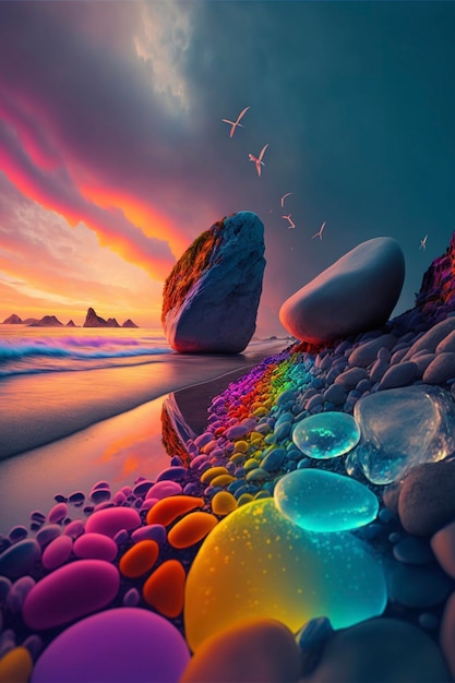 Grupo de rocas sentadas en la cima de una playa al lado del océano generativo ai
