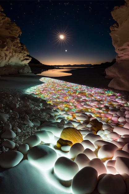 Grupo de rocas sentadas en la parte superior de una playa de arena generativa ai