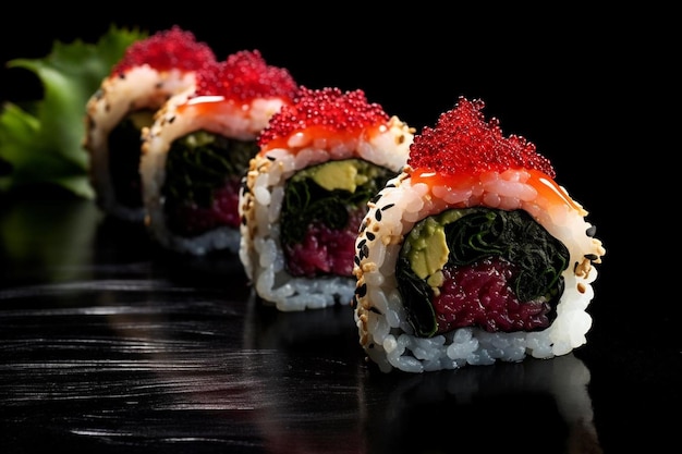 un grupo de rollos de sushi con una hoja verde en la parte superior