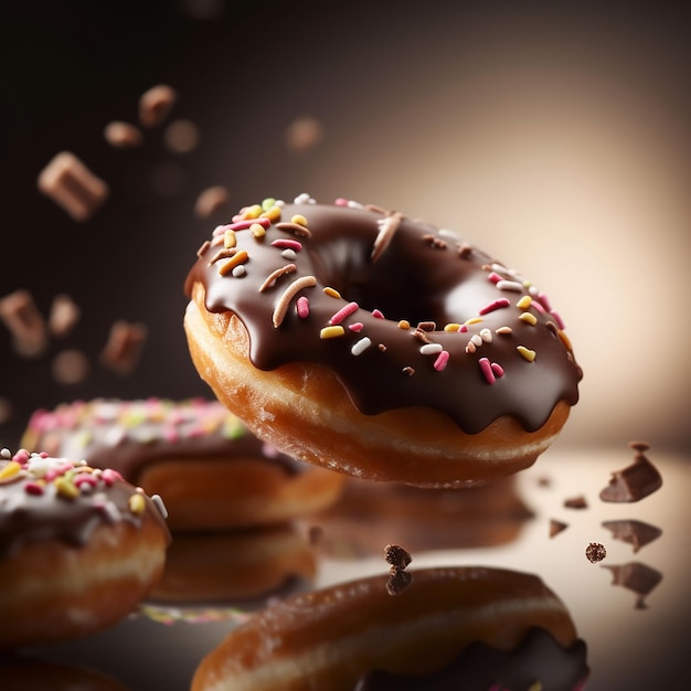 Un grupo de rosquillas de chocolate con chispas y chocolate encima.