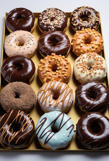 un grupo de rosquillas con vidrio de chocolate