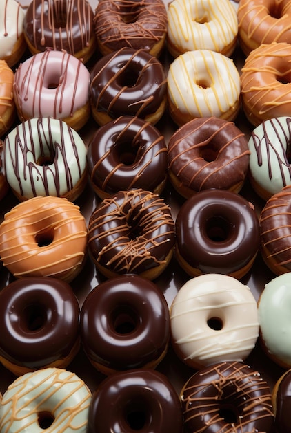 un grupo de rosquillas con vidrio de chocolate