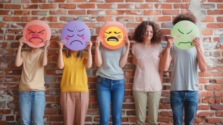 Foto grupo segurando máscaras de emoji