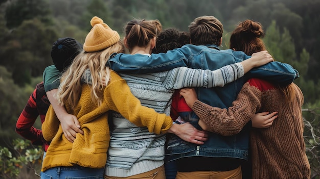 Foto un grupo de seis amigos de pie con los brazos entre sí mirando una hermosa vista