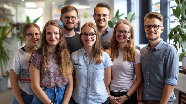 Un grupo de seis jóvenes profesionales posando para una foto en una oficina moderna, todos sonrientes y con ropa casual.