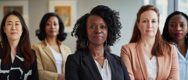 Un grupo de seis mujeres profesionales de varias etnias están posando en una línea todas vestidas de negocios