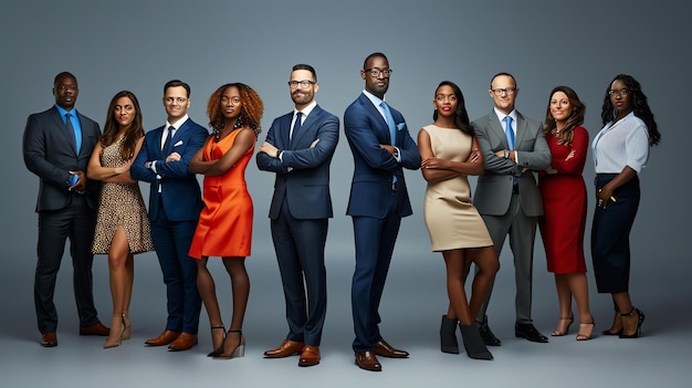 Foto un grupo de siete hombres de negocios profesionales posando en una línea con trajes y vestidos todos están sonriendo y mirando a la cámara