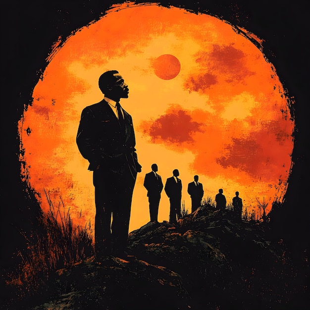 Un grupo de siluetas de hombres negros con una puesta de sol naranja en el fondo