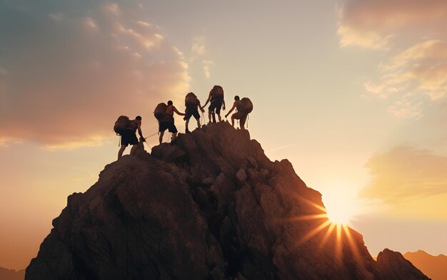 Grupo de siluetas de personas en el pico de la escalada de montaña se ayudan mutuamente concepto