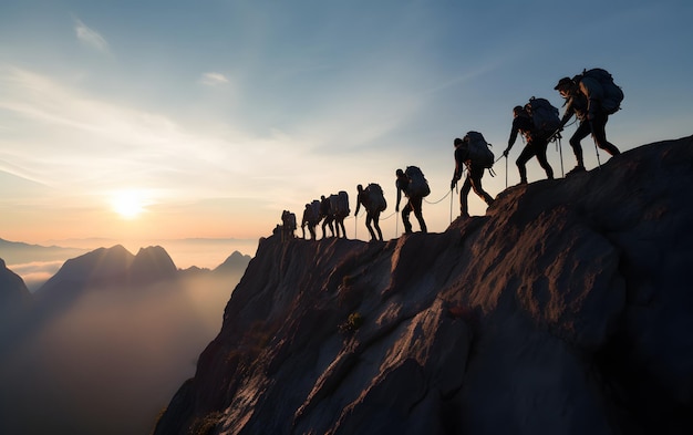 Grupo de siluetas de personas en el pico de la escalada de montaña se ayudan mutuamente concepto