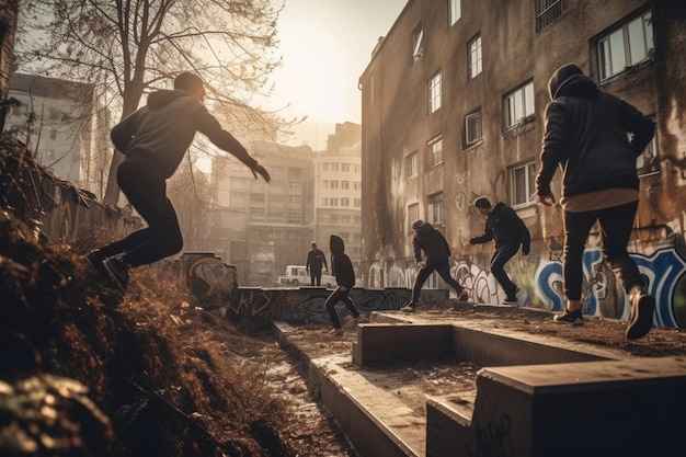Un grupo de skaters juegan en una ciudad con grafitis en las paredes.