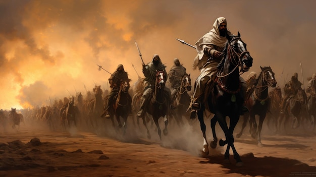 Un grupo de soldados árabes cabalgan antes de entrar en la batalla imagen generada por IA