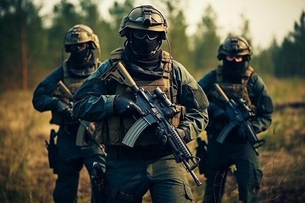 Foto un grupo de soldados con armas y cañones en sus uniformes