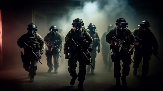 Un grupo de soldados caminan en una habitación oscura de la que sale humo.