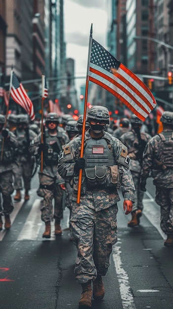 un grupo de soldados están caminando por una calle con banderas y la palabra bandera de Estados Unidos en la parte inferior