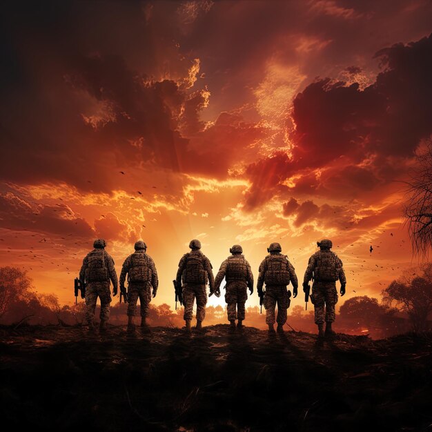 un grupo de soldados están caminando en una línea frente a una puesta de sol