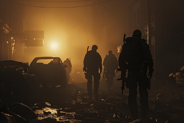 Foto un grupo de soldados están caminando en la oscuridad con la palabra en él