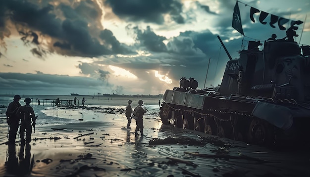 Foto un grupo de soldados están corriendo a través de una playa