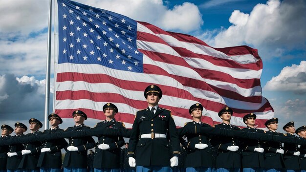 un grupo de soldados están de pie frente a una bandera