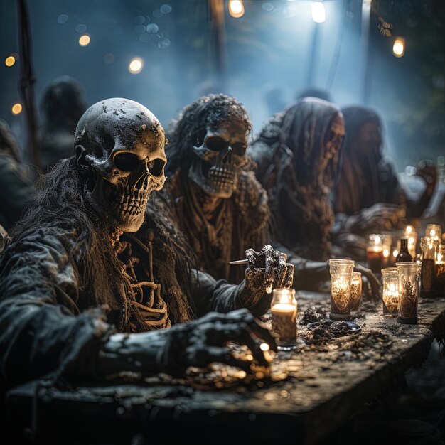 un grupo de soldados están sentados en una mesa con velas y velas