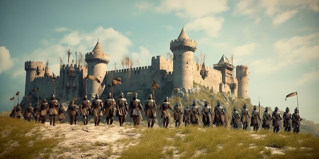 Un grupo de soldados frente a un castillo.