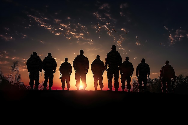 Un grupo de soldados se para frente a una puesta de sol.