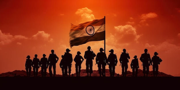 Grupo de soldados indios celebrando con fondo de bandera de India Día de la Independencia de India Ai generativo