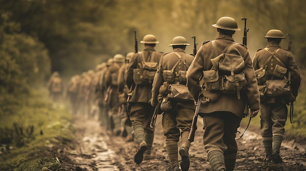 Un grupo de soldados marchan a través de un bosque fangoso están vestidos con uniformes de la Guerra Mundial Iera y llevan rifles